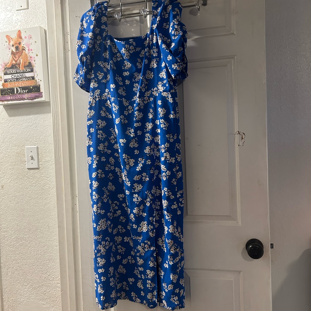 Heartloom Cobalt Blue Floral Puff-Sleeve Midi Dress